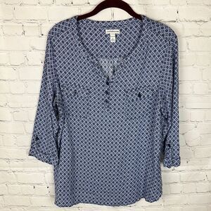 Croft & Barrow 3/4 Sleeve Blue and White Patterned Blouse Size Large